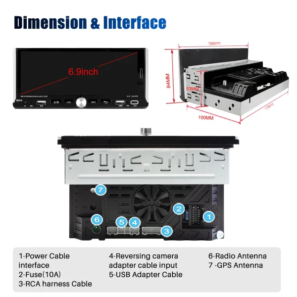 Alternative view of 6.9" Wireless Apple CarPlay/Android Auto 1din Car Stereo Android 15