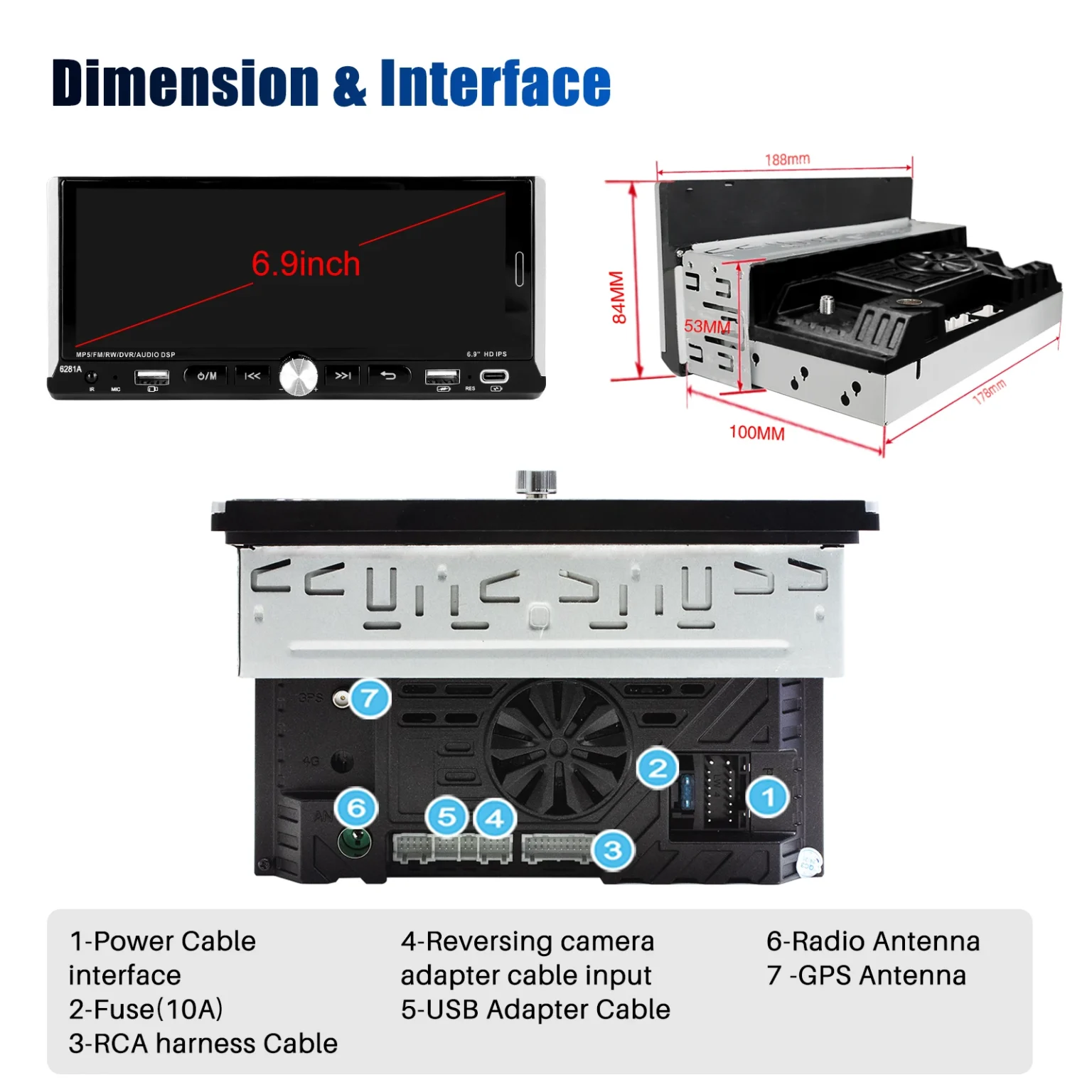 6.9" Wireless Apple CarPlay/Android Auto 1din Car Stereo Android 15 - Image 2